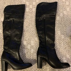 Black leather insulated past knee heel boots
